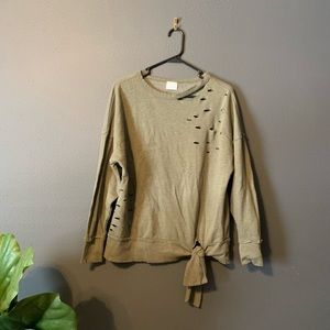 Army Green Distressed Tie Sweater